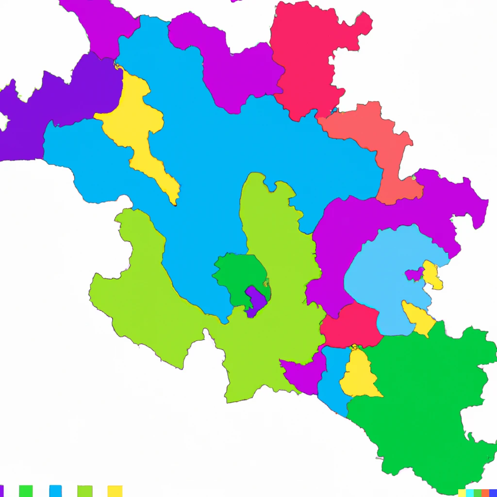 Prompt: A map whose regions cannot be colored by fewer than five colors without the same color touching somewhere
