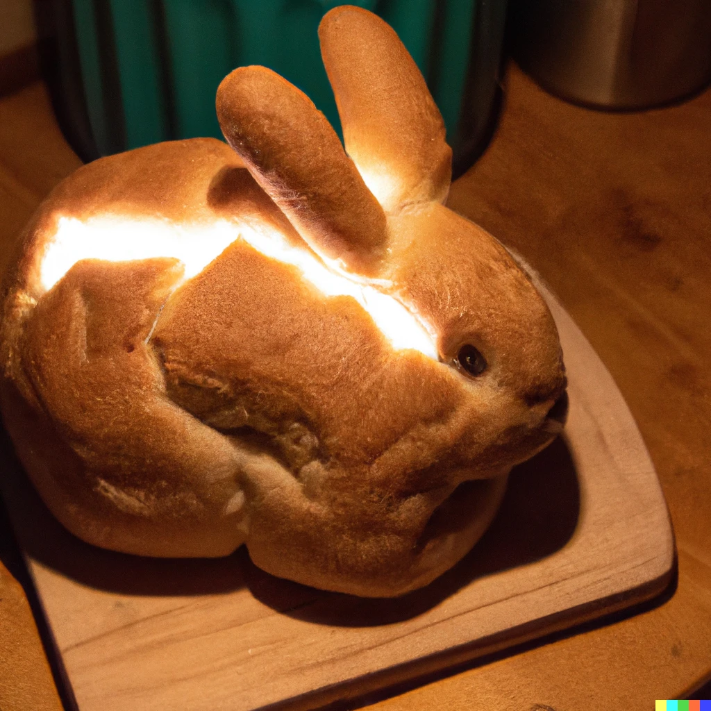 Prompt: A loaf of bread in the shape of a bunny, electrified with lightning throughout it, sitting atop a wooden kitchen counter