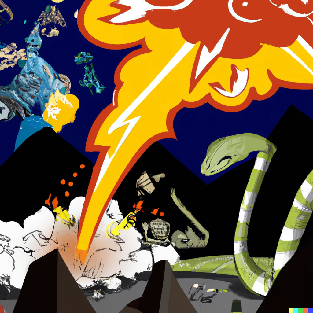 Prompt: Cobras fighting Voldemort with lightsabers while a volcano erupts and a spaceship crashes