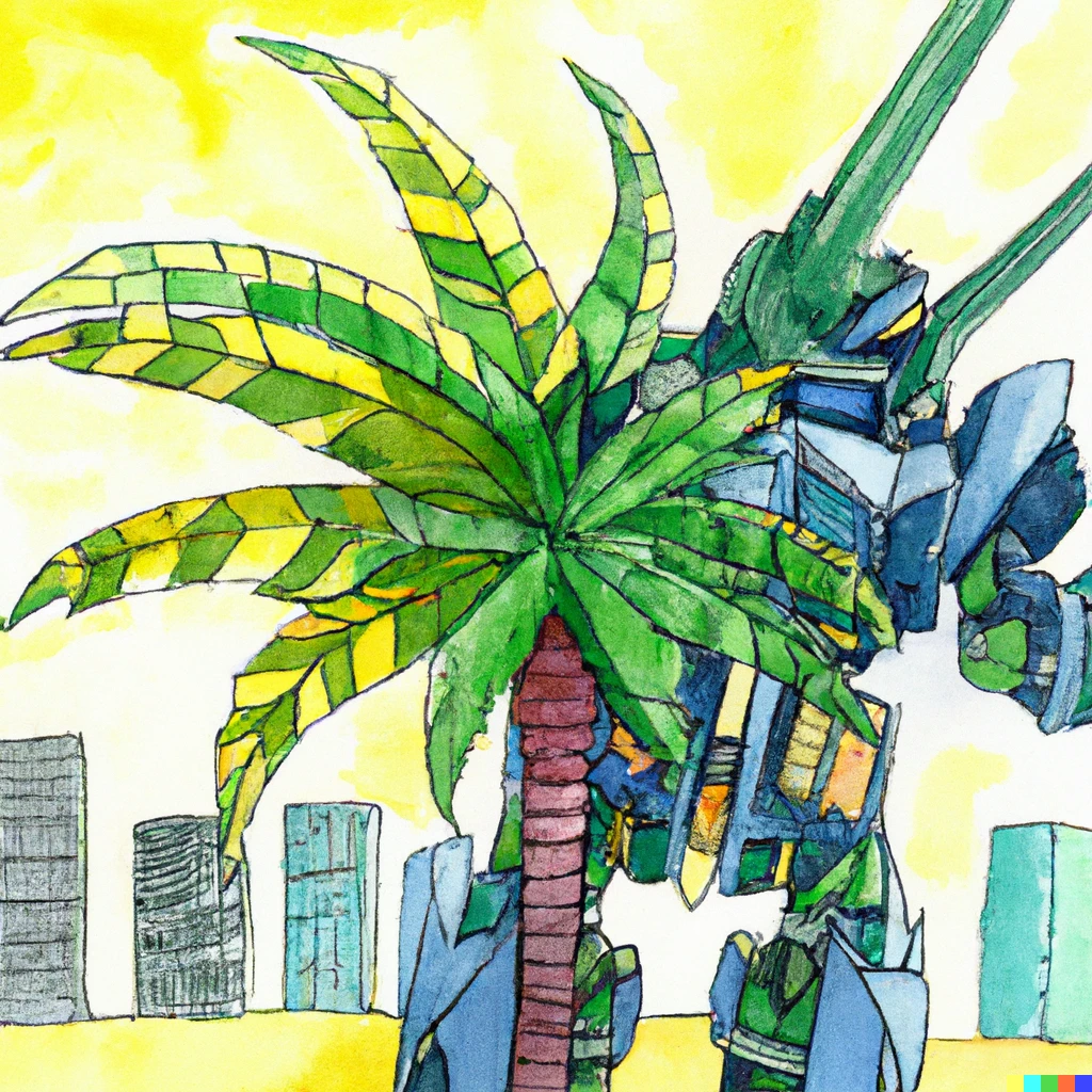 Prompt: A dragon-shaped palm tree extending its leaves in a punch toward a Gundam robot towering over a tropical metropolitan city in a watercolor style