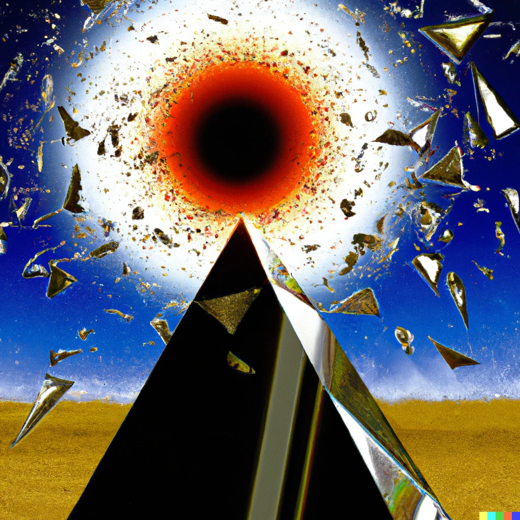 Prompt: a digital painting of a glass pyramid in the desert channeling the sun's energy during a solar eclipse and shattering into a trillion shards