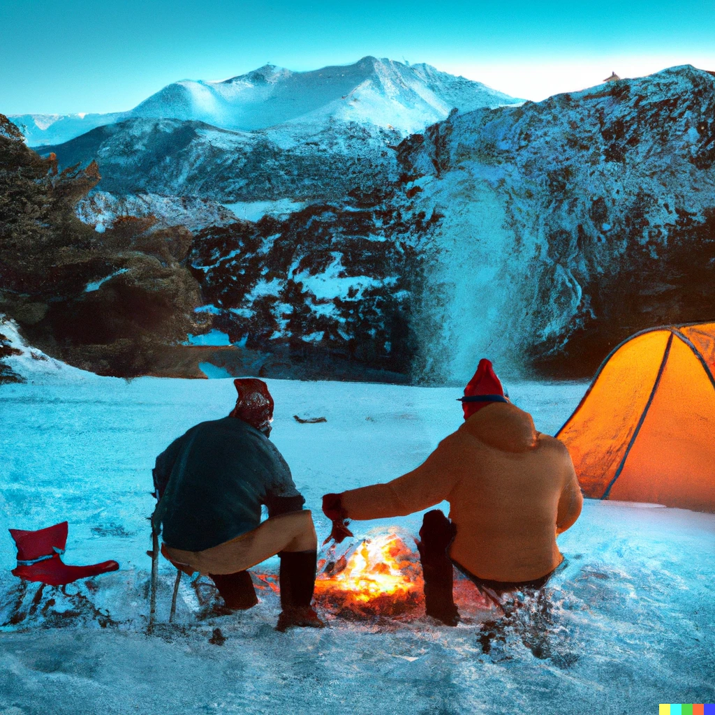 Prompt: two explorers next to their tent and a campfire watching a snowy landscape in the mountains
