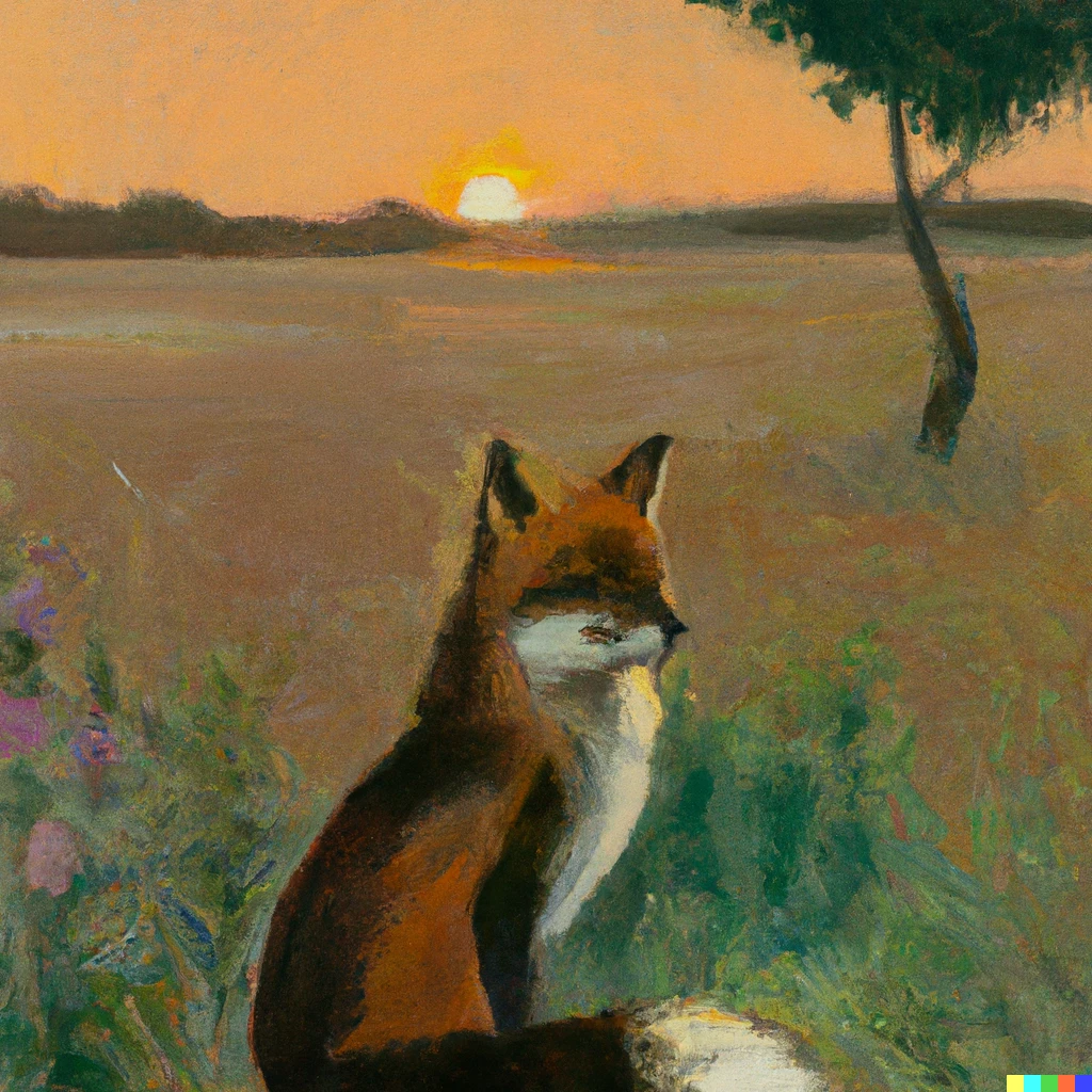 Prompt: a painting in the style of Édouard Manet of a fox sitting in a field at sunrise
