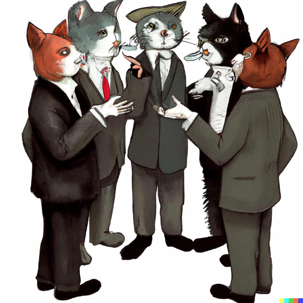 Prompt: A group of cats dressed in suits and smoking cigarettes discussing a serious topic