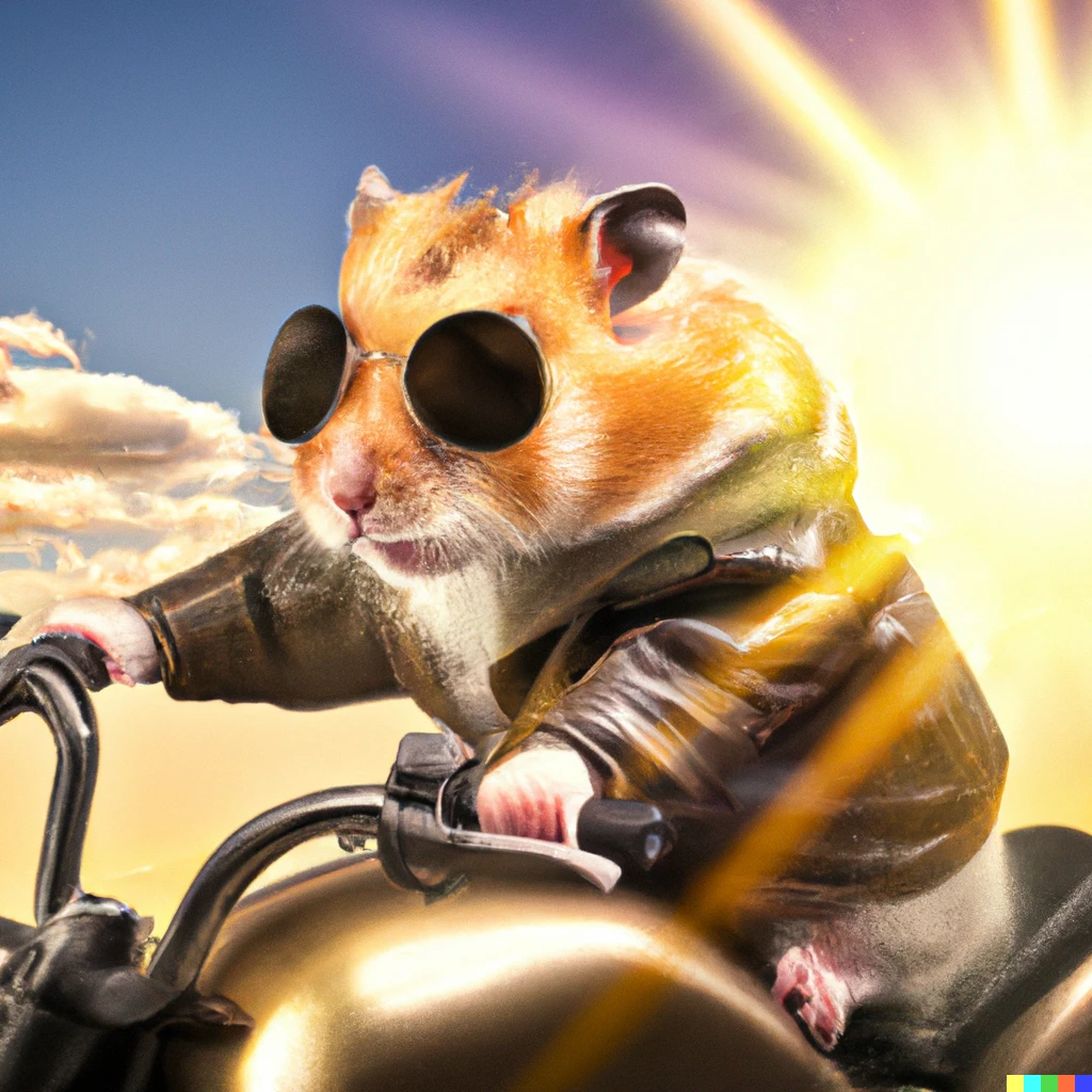 Prompt: Hamster wearing leather jacket and sunglasses riding a motorcycle into the sunset
