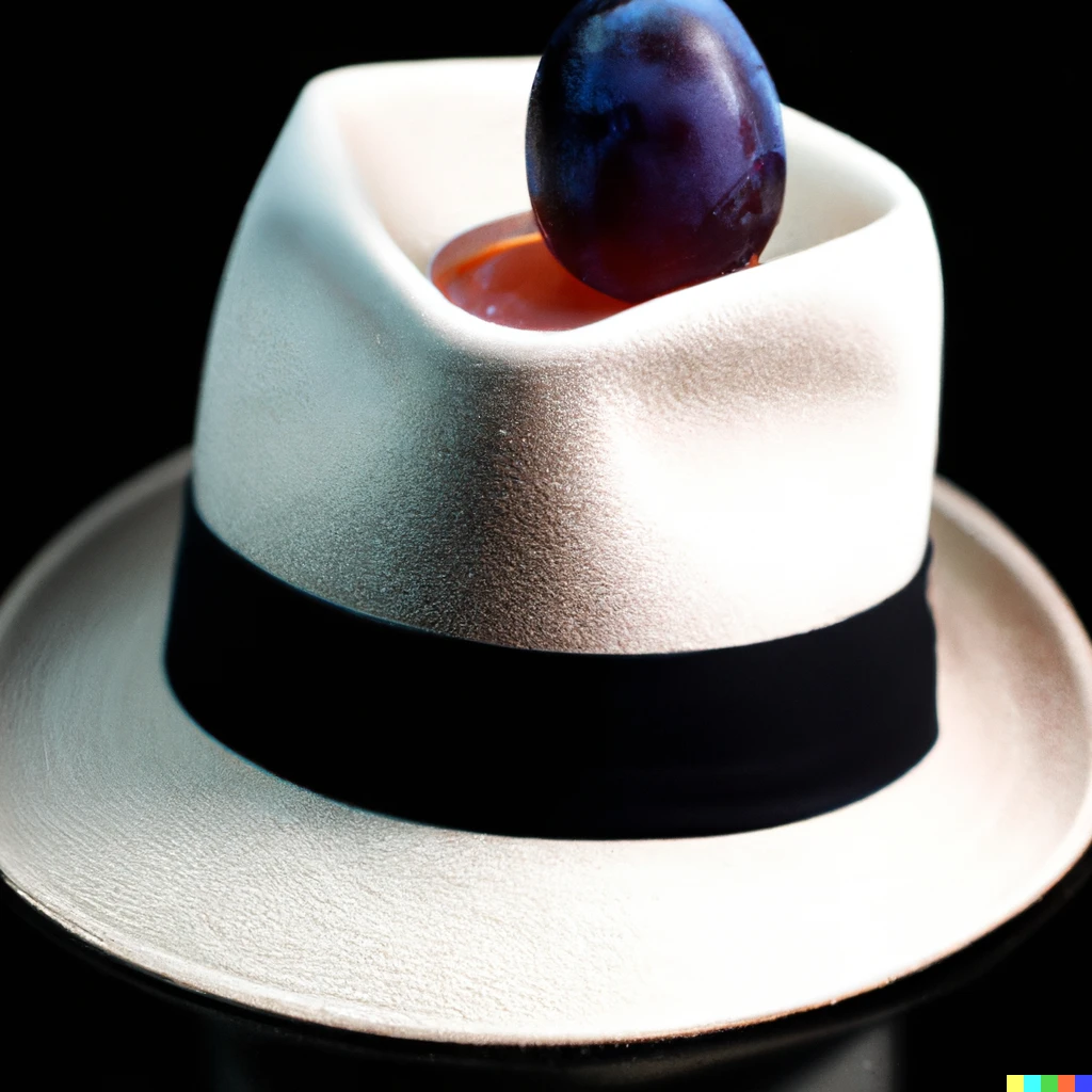 Prompt: a single plum floating in perfume served in a man's hat