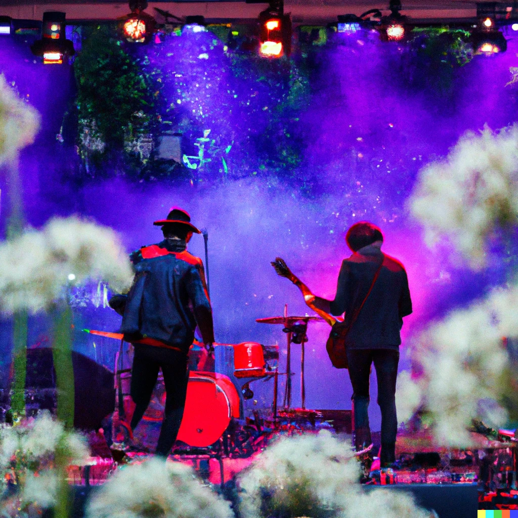 Prompt: A rock band playing a concert in front of a lot of flowers in the afternoon