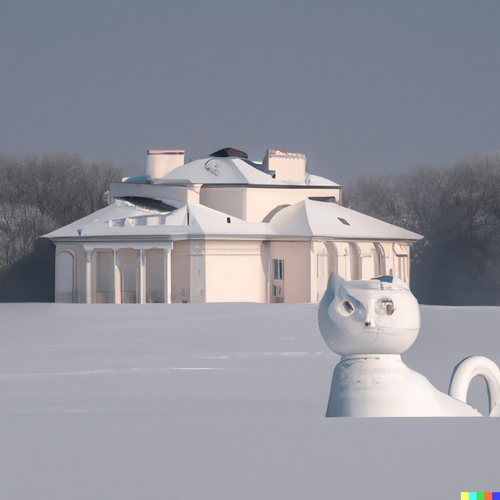 Prompt: a building shaped like a fluffy cat in a vast and beautiful snowy landscape in the style of classical architecture