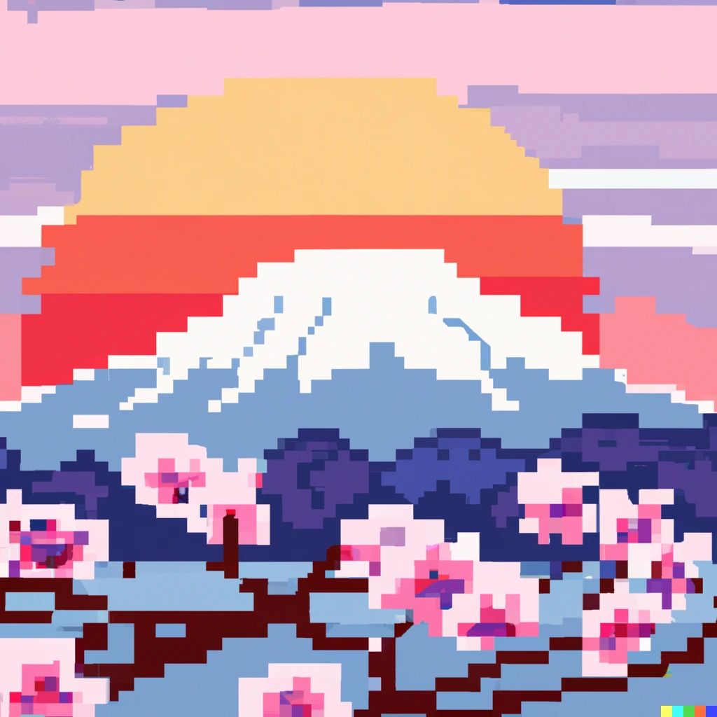 Prompt: cherry blossoms and mount Fuji at sunrise in a pixel art style