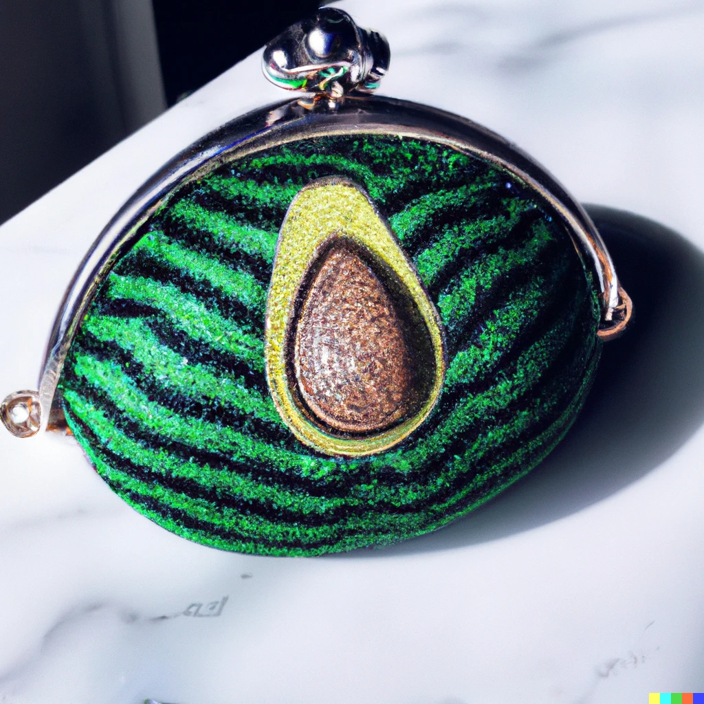 Prompt: A purse by Versace, in the shape of an 🥑