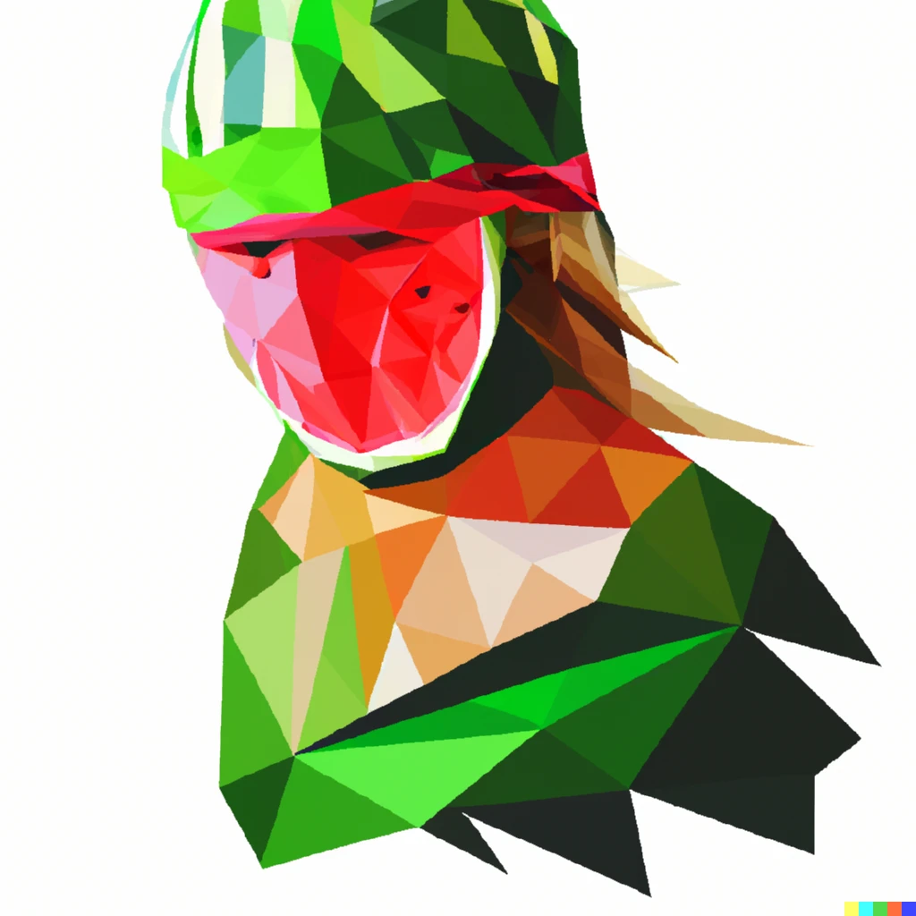 Prompt: Low poly illustration of a ninja watermelon with blond long hair.
