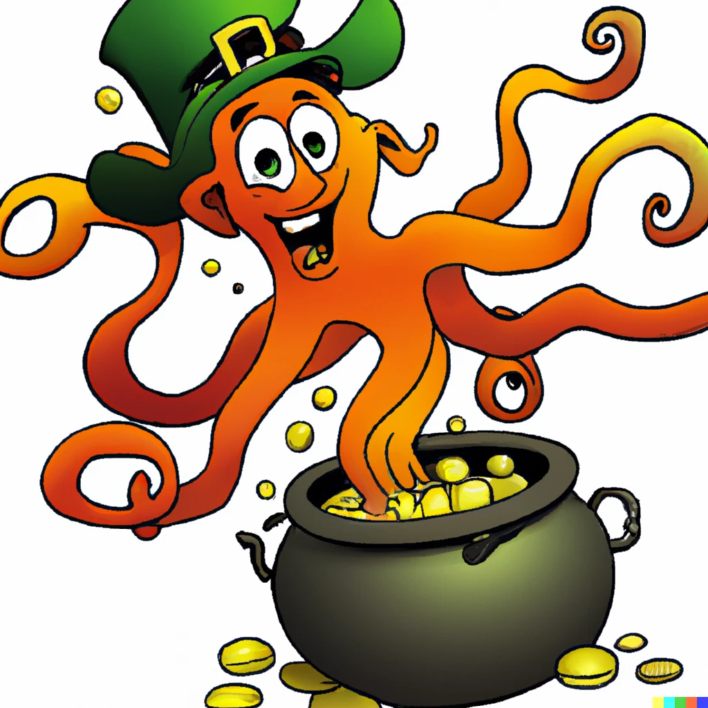 Prompt: An octopus dressed as an irish gnome tapdancing on a pot of gold