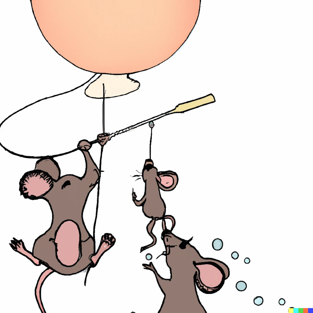 Prompt: A mouse blowing a bubble so large it lifts its feet off the ground, a needle hangs just above the bubble, another mouse uses all of its weight to keep its friend on the ground