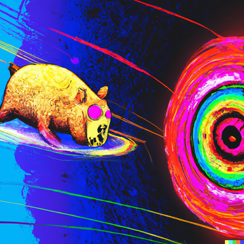Prompt: Psychedelic space aardvark firing lasers at an approaching enemy craft shaped like a giant donut