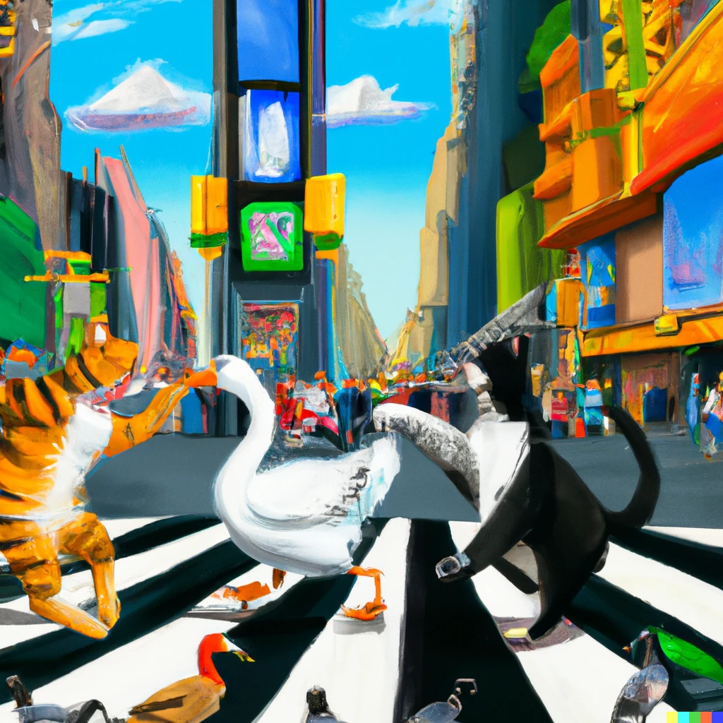 Prompt: Cats dancing with ducks in Times Square, photorealistic illustration