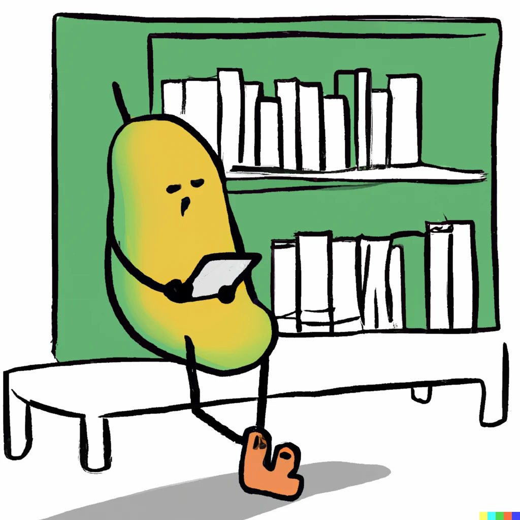 Prompt: An illustration of a mango reading an e-book on an e-ink reader on a lazy Sunday afternoon with a book shelf behind