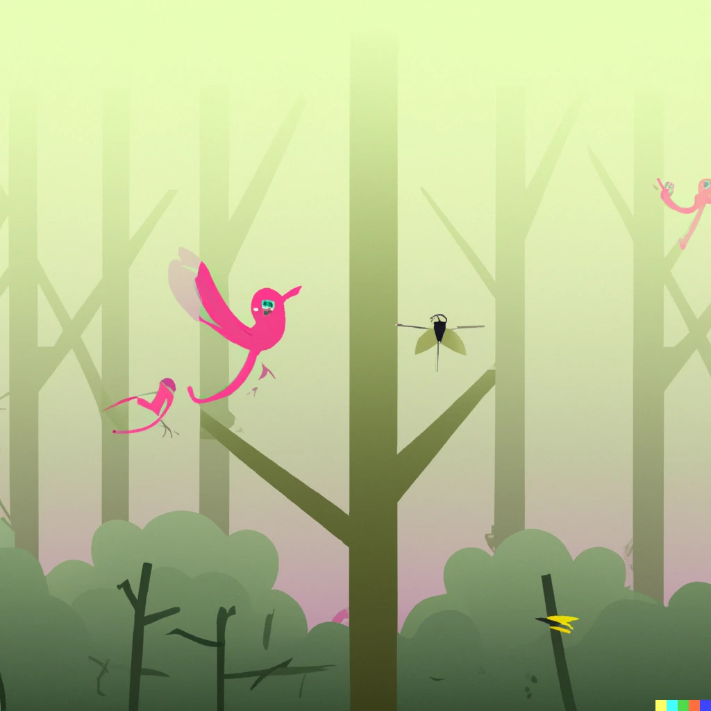Prompt: A fly and mosquito being chased by birds during spring in a misty forest in animated style