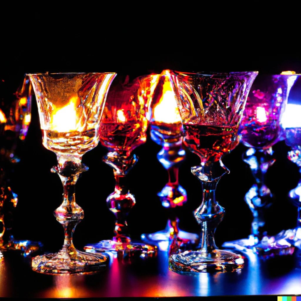 Prompt: Crystal goblets filled with colorful flames