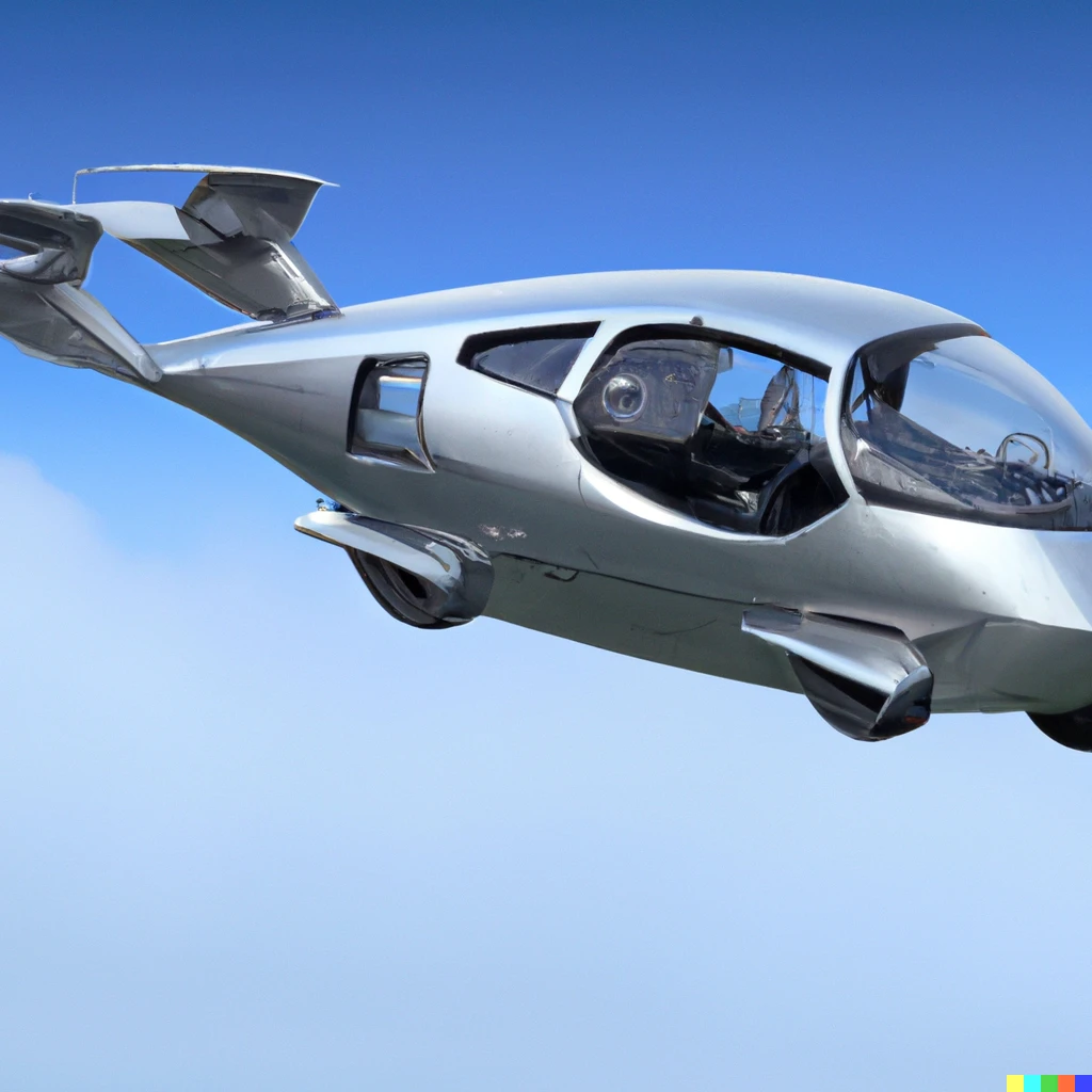 Prompt: A sleek, four seater, vertical takeoff and landing (VTOL) vehicle, designed with a 300 mile range and to be consistent with the laws of physics