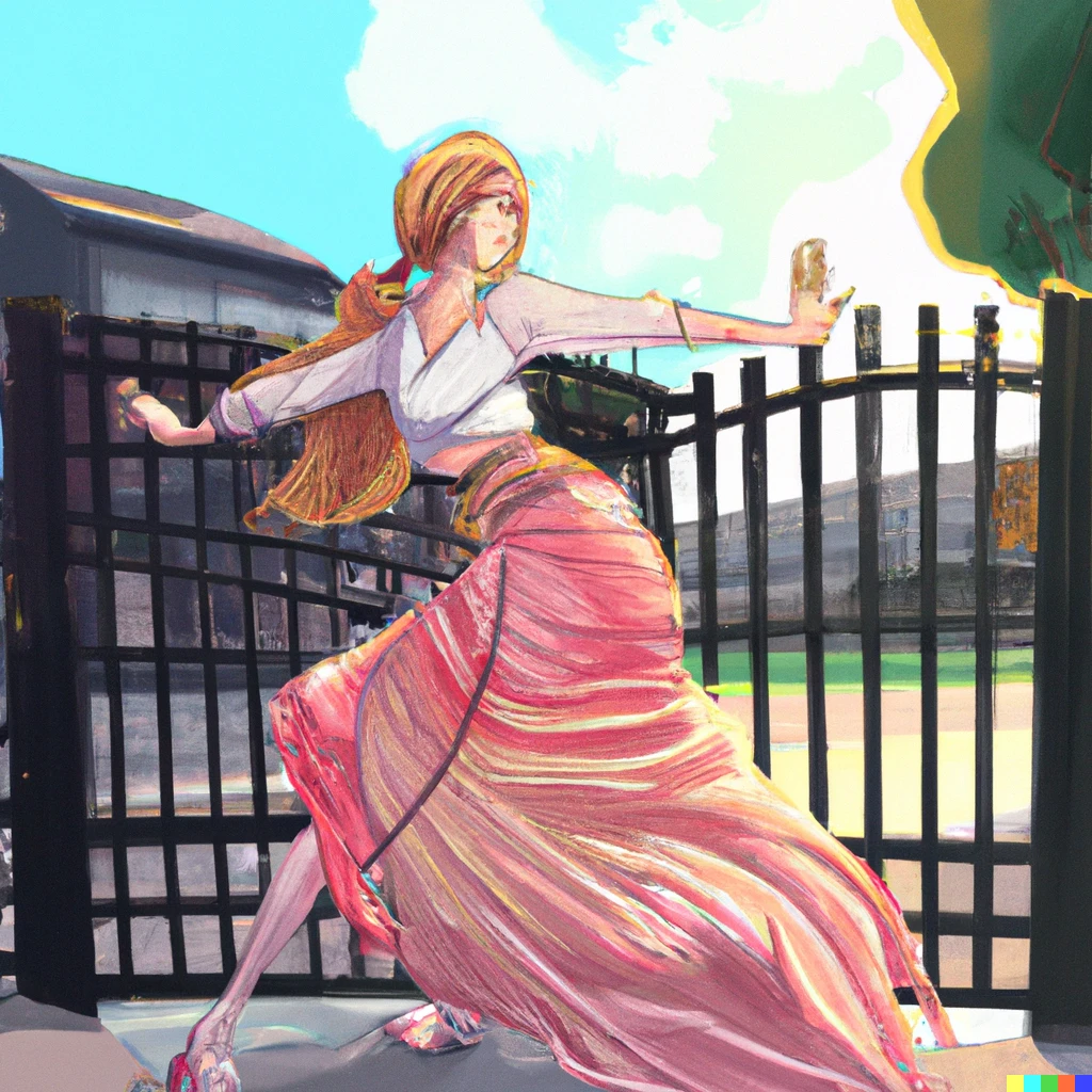 Prompt: An anime of a woman in long skirt dancing on the street by the fence