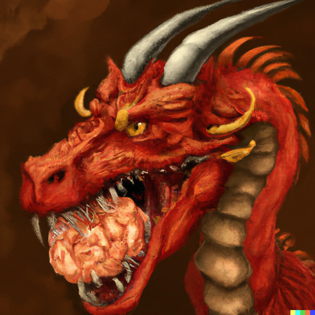Prompt: red asian dragon eating brains digital art