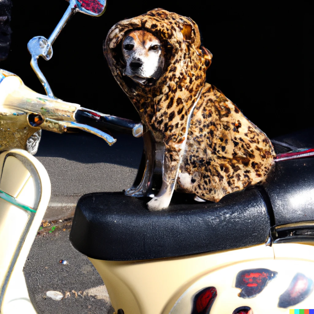 Prompt: a photo of a dog dressed in a leopard fur on a moped