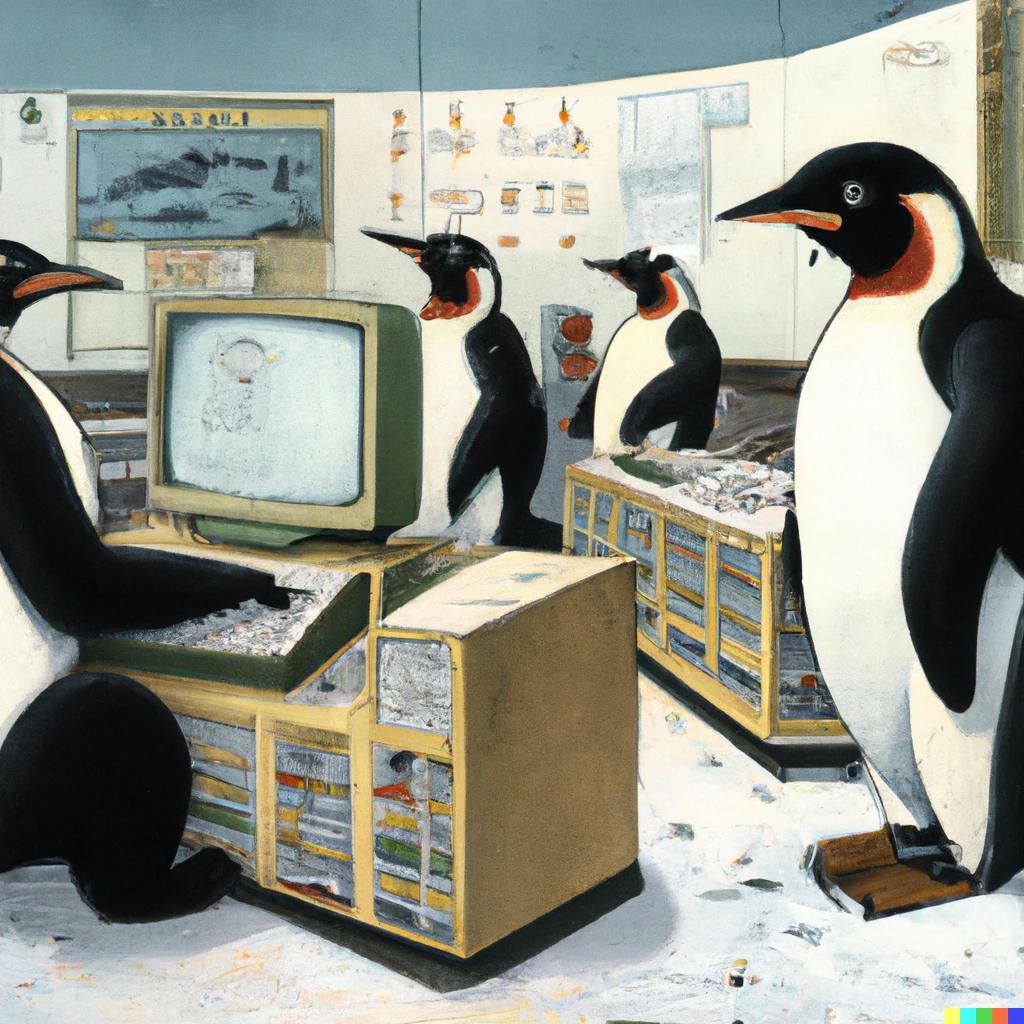 Prompt: penguins programming in bash on a pc from 1980 in a cold war soviet base, trending on art station