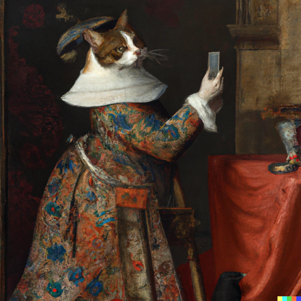 Prompt: A 15th century dutch oil painting portrait of a cat in overly ornate clothing filming a TikTok video on his iphone and looking at the painter