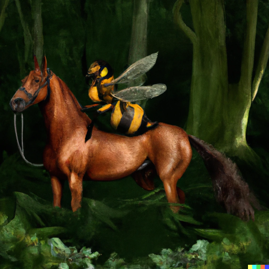 Prompt: a bee is riding a horse in the amazon forest, photorealistic