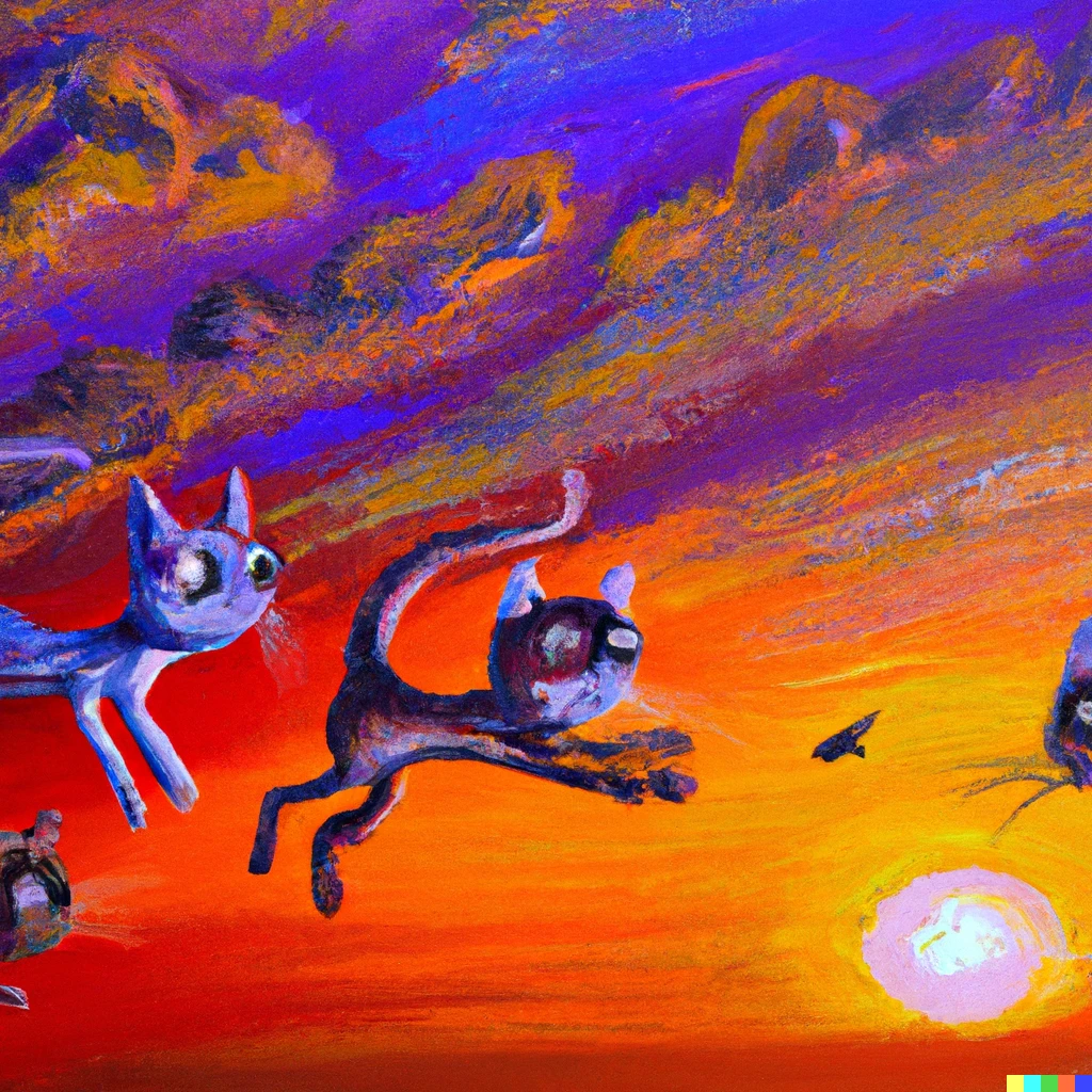 Prompt: Cats flying in the sky at sunset , oil painting 