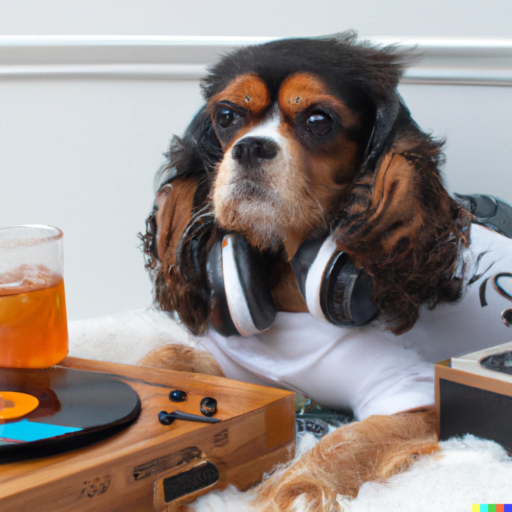 Prompt: Cavalier spaniel tri-color dog wearing hipster t-shirt drinking kombucha and listening to jazz records 