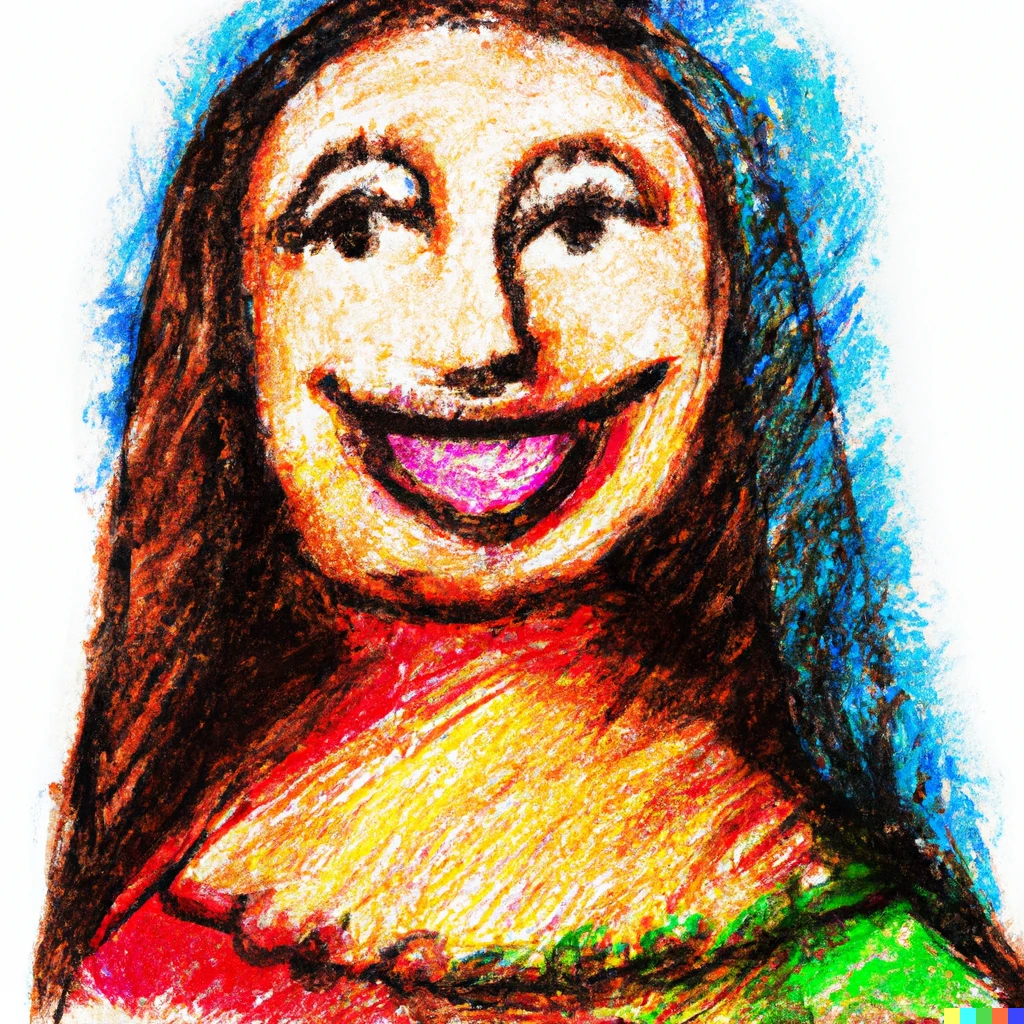 Prompt: Colorful crayon illustration of a happy mona lisa