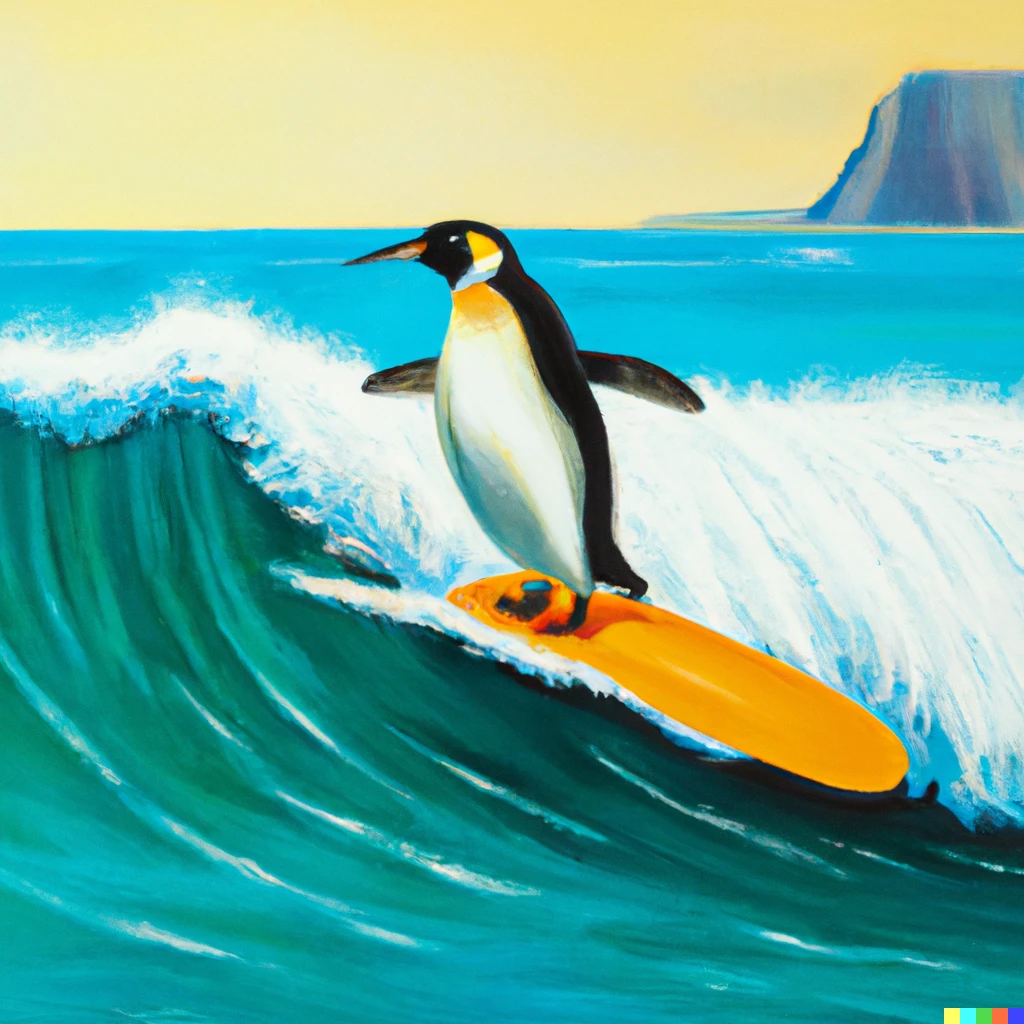 Prompt: emperor penguin surfing the barrel of a wave in hawaii on a longboard surfboard, oil painting