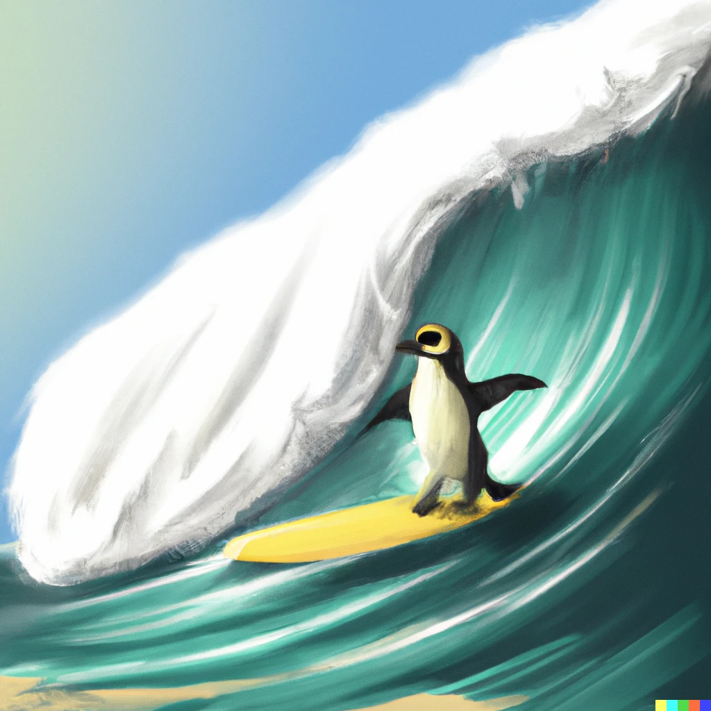 Prompt: emperor penguin surfing the barrel of a wave in hawaii, digital art