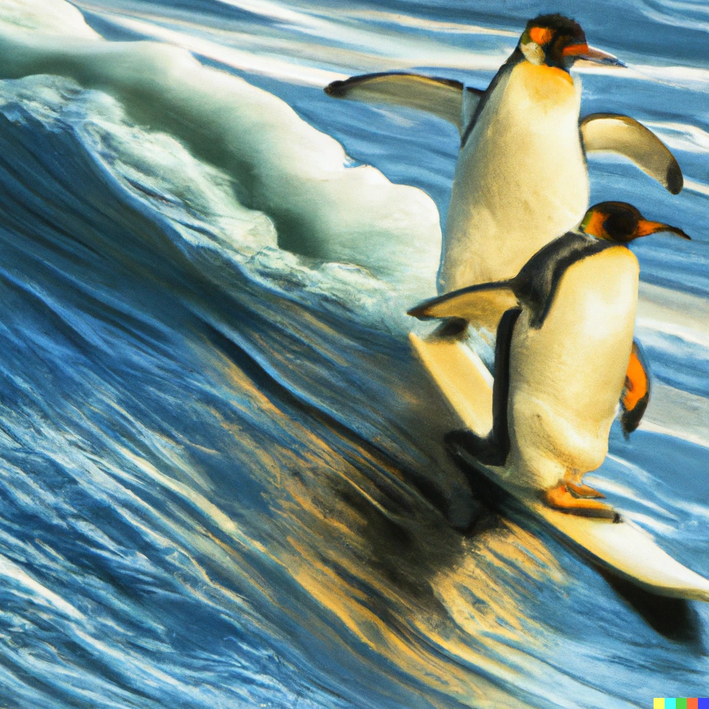 Prompt: emperor penguin and spaghetti penguin surfing, oil painting
