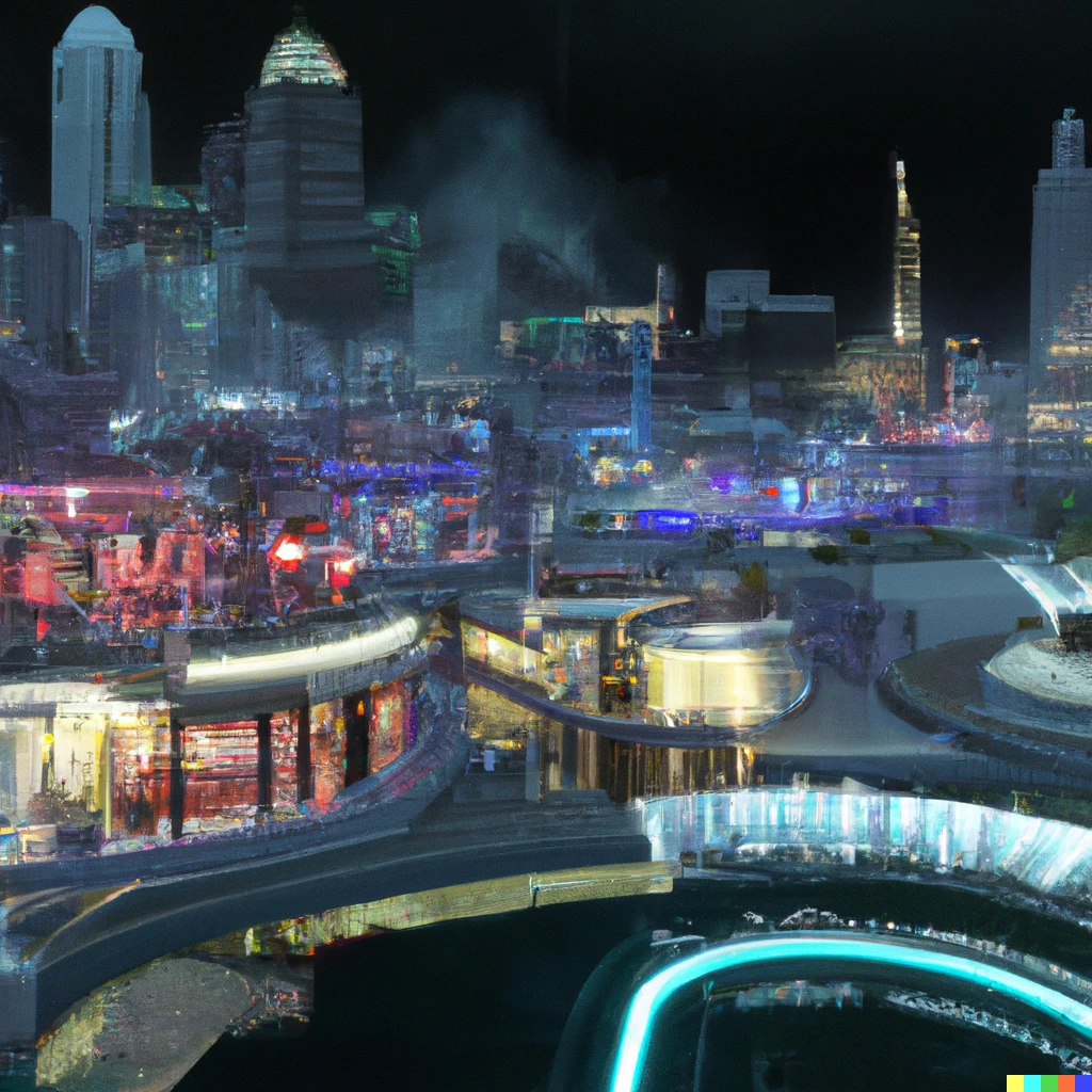 Prompt: A cinematic still of a futuristic underground city called Midnight City that's known for its nightlife scene. Neon-lit skyscrapers rise up from the ground and hang from the ceiling. Pedestrian walkways connect at various levels. Shops, restaurants, and casinos are plentiful and busy with patrons who party 24/7. 