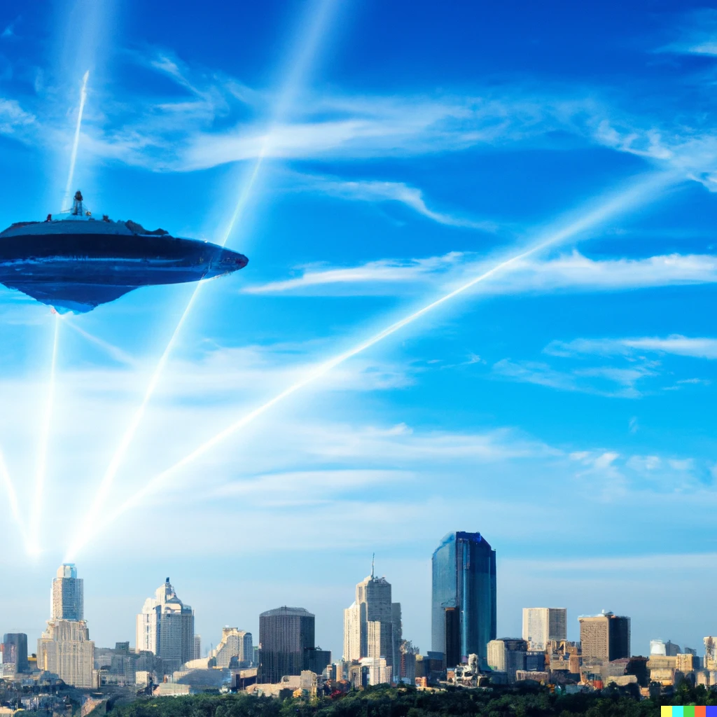 Prompt: An alien UFO ship hovering over the Kansas City skyline on a beautiful day