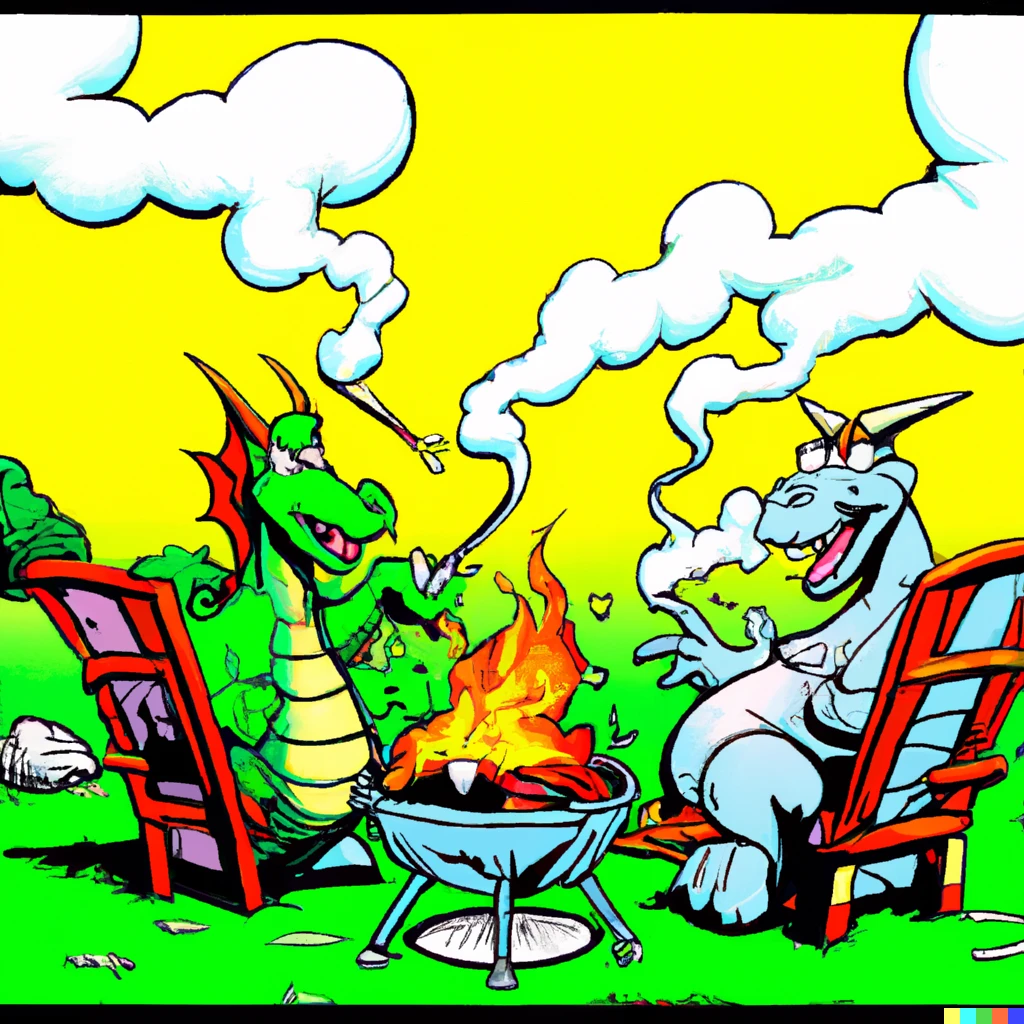 Prompt: two dragons having a bbq in a far side comic