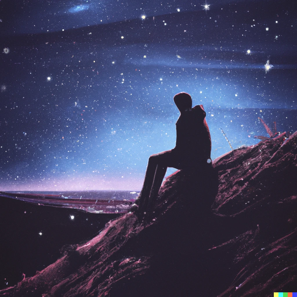 Prompt: Man sitting on a hill under the night sky with stars, digital art | 944