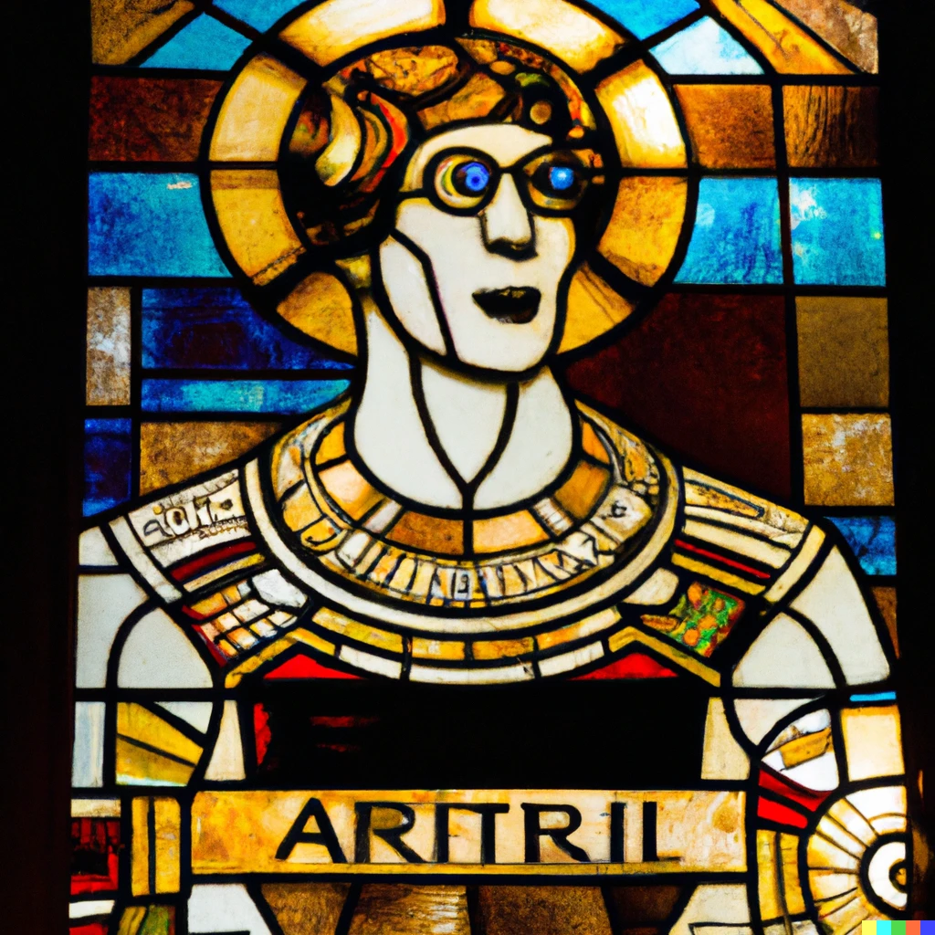 Prompt: A stained glass window celebrating he achievement of artificial general intelligence 