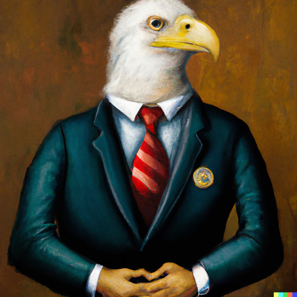Prompt: An oil painting of an Anthropomorphic Bald Eagle, dressed in a suit and tie, President of the United Avian Republics