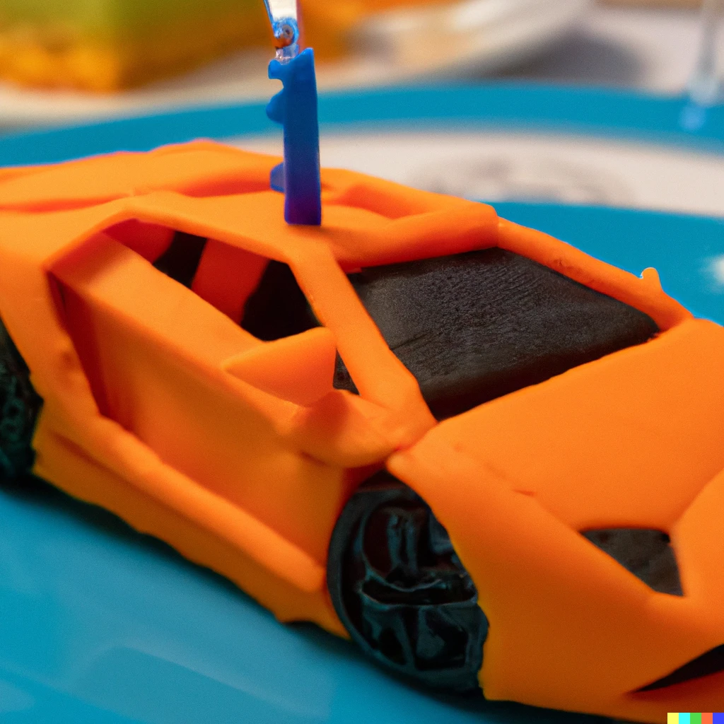 Prompt: Macro shot of a table setting with a small birthday cake made in the shape of a detailed orange Lamborghini sitting on a plate. A small blue candle is lit on top of the cake.