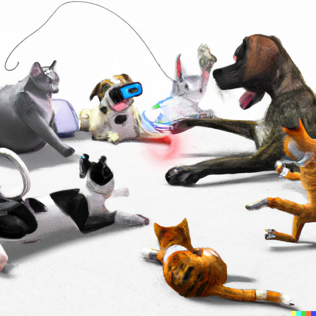 Prompt: A group of cats playing a videogame with a walking dog, realistic