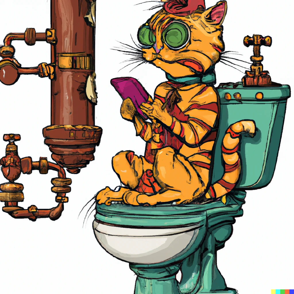 Prompt: Ginger cat playing on iPhone sitting on the toilet steampunk cartoon 