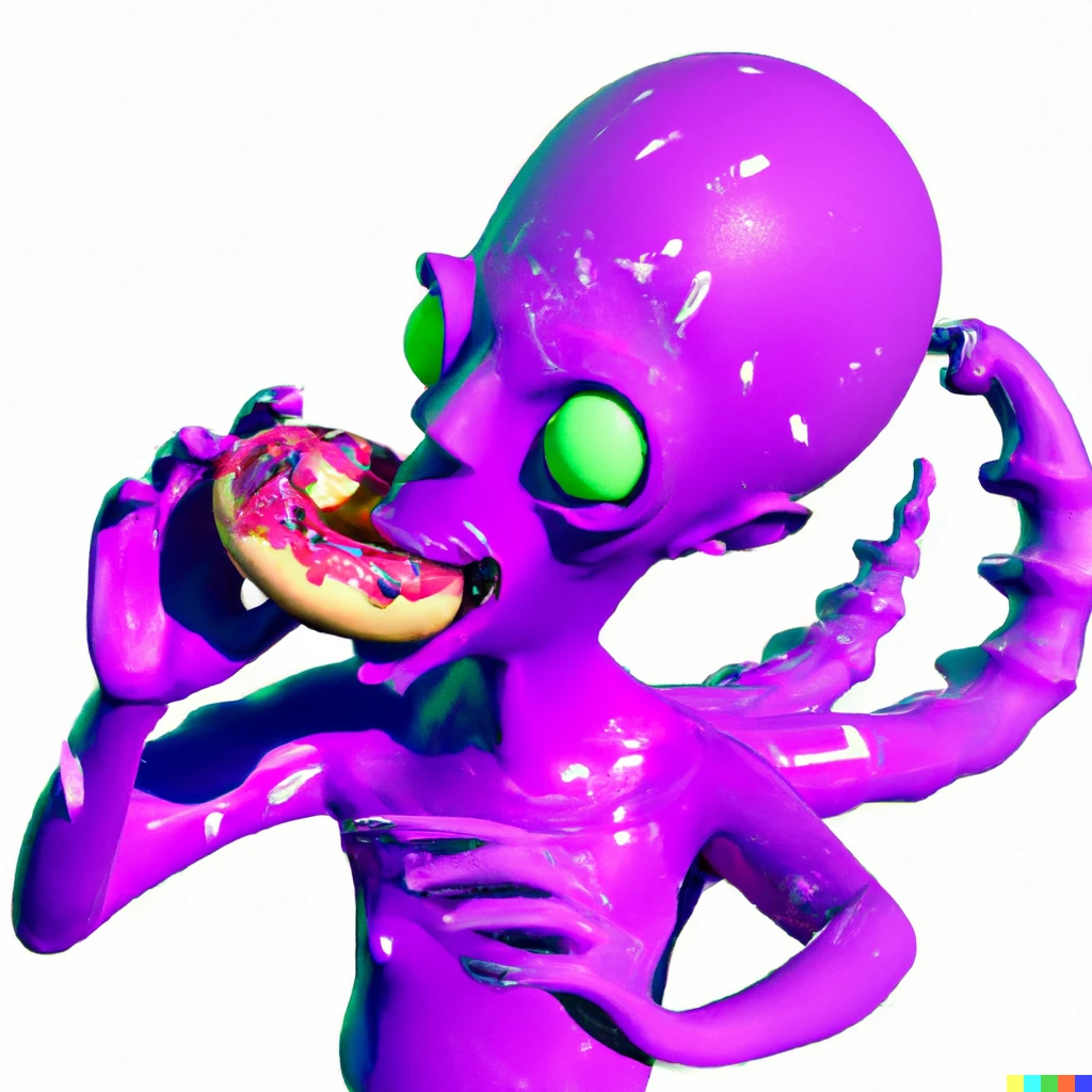 Prompt: Purple alien with eight tentacles eating a donut 3D render