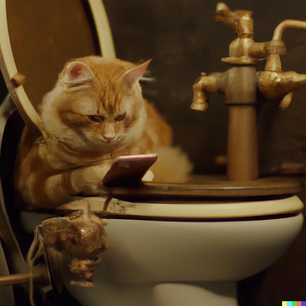 Prompt: Ginger cat playing on iPhone sitting on the toilet steampunk 