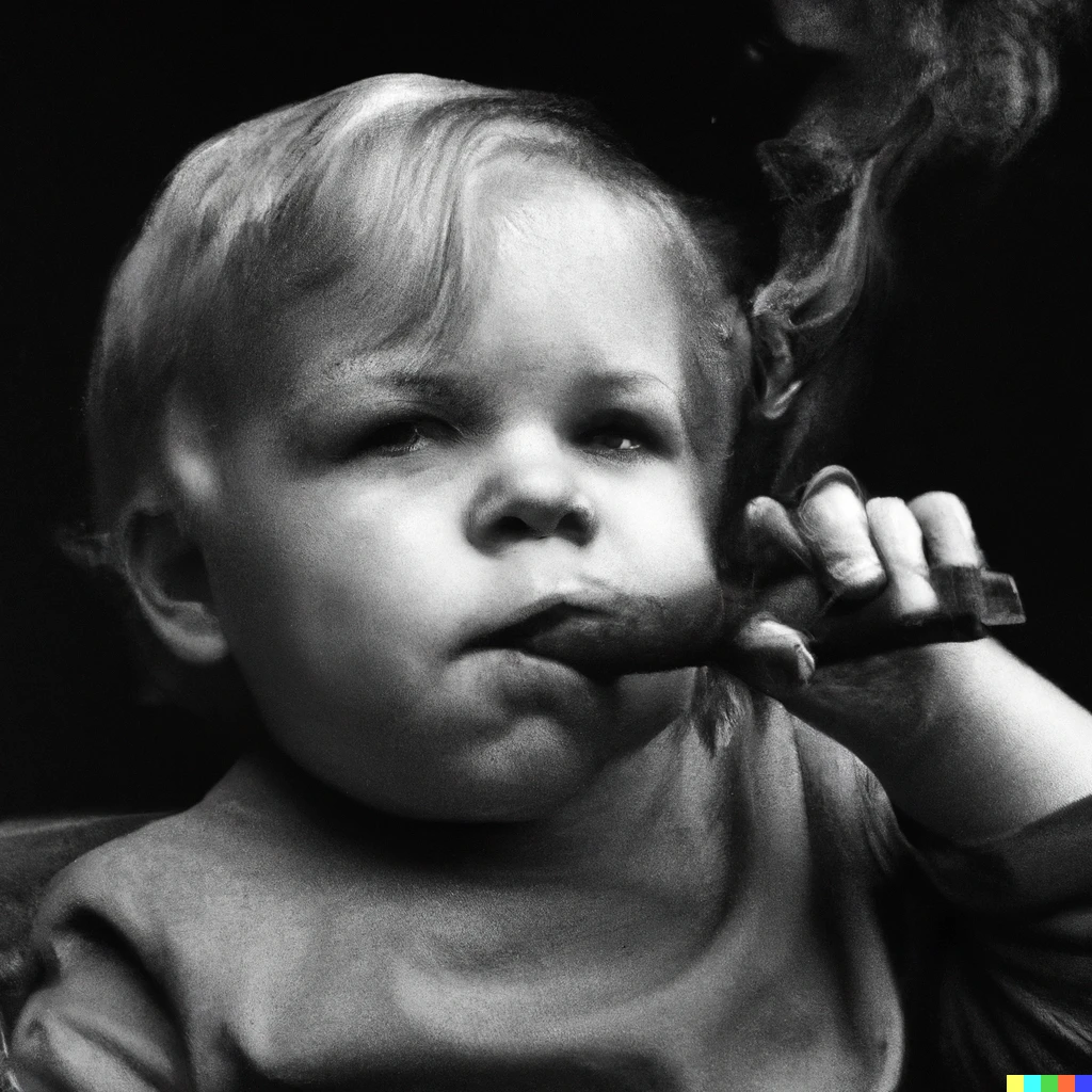 Prompt: black and white photo of a bearded baby boy smoking a fat cigar