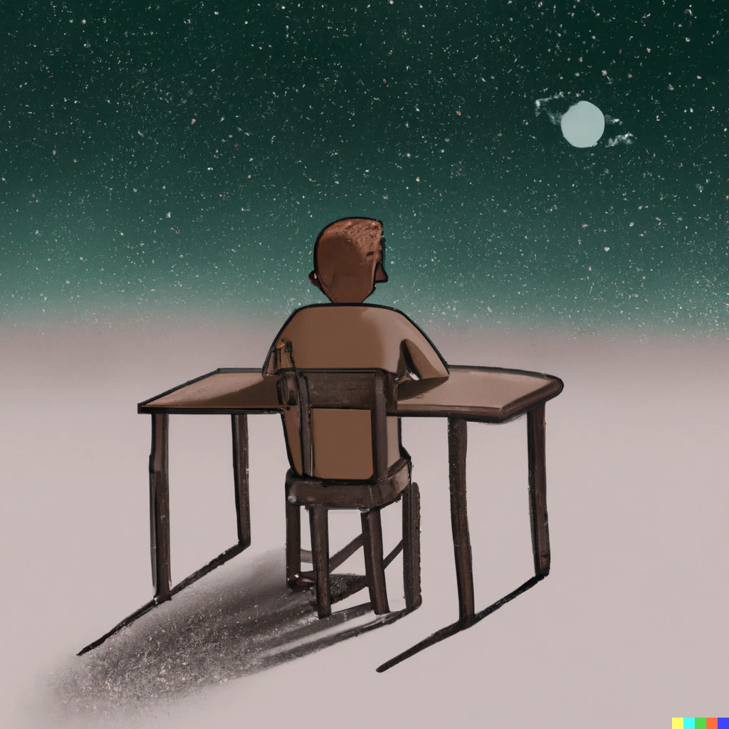 Prompt: A man sitting in a brown table chair staring at the end of the universe without a care in the world, drawn digitally