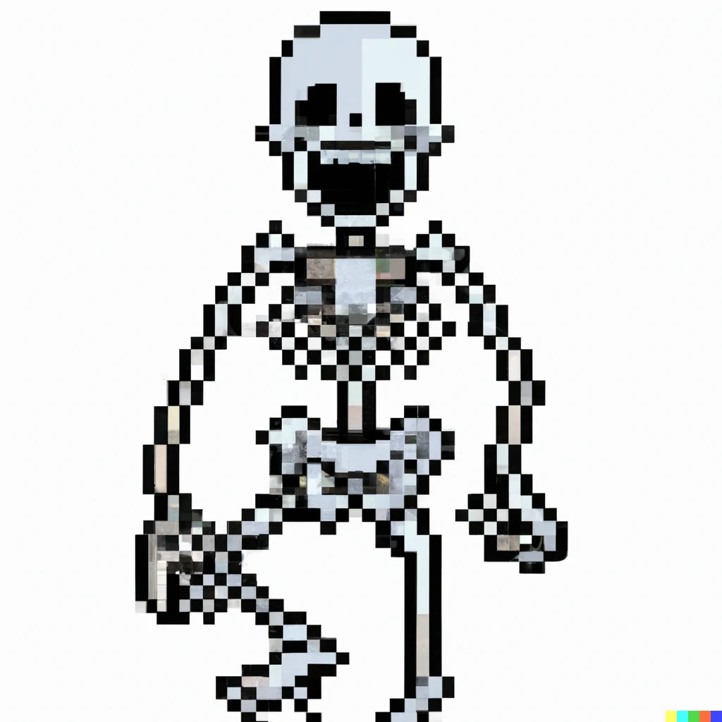 Prompt: Pixel art of a laughing skeleton