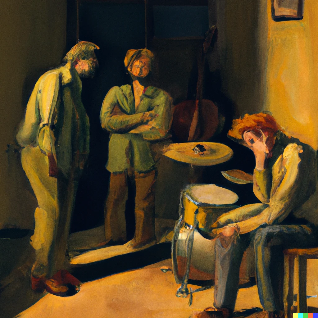 Prompt: Edward Hopper painting of sad drummer listening to guitar player and singer argue. 
